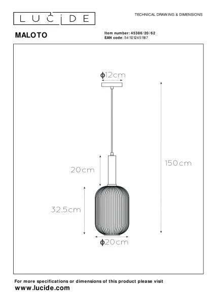 Lucide MALOTO - Pendelleuchten - Ø 20 cm - 1xE27 - Amber - TECHNISCH